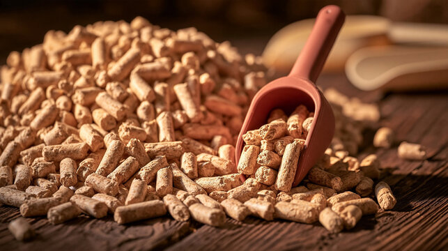 Wood Pellets and Scoop: A close-up shot reveals a pile of wooden pellets, a sustainable fuel source, alongside a red scoop ready to serve.