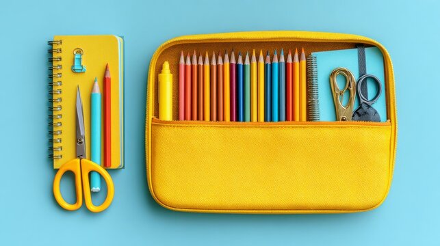 Back to school concept with yellow pencil case, colorful pencils and pens, notepad and scissors arranged in a flat lay top view on pastel blue background, school supplies, classroom stationery and edu