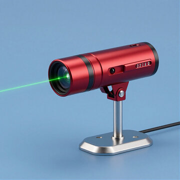 ​Modern red laser instrument device with green laser beam on blue background technology and measurement concept