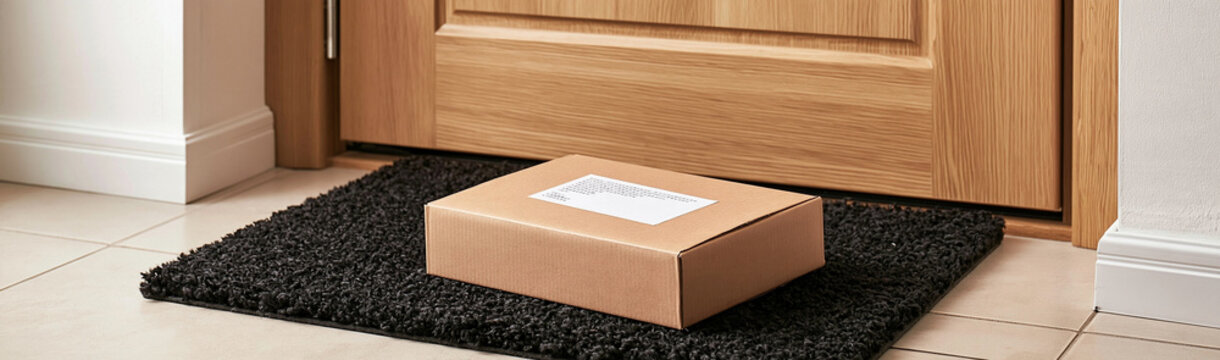 Package Delivered to Doorstep: A cardboard package rests on a doormat outside a closed wooden door, signifying a successful delivery to a home.
