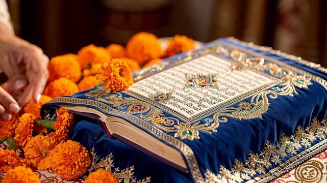 Devotee hands decorating an open holy book with bright orange marigold flowers during a prayer ceremony
