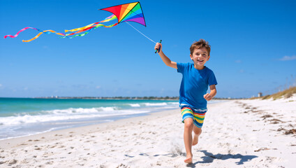Obraz premium Happy young boy running with a colorful kite on a white sand beach. Cheerful child enjoying summer vacation by the ocean. Outdoor play and freedom concept