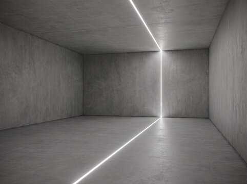Minimalist 3D render of an empty concrete room featuring a continuous glowing white light strip along the floor, wall, and ceiling
