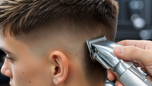 Close up of a barber using electric clippers to give a young man a fade haircut. Professional hair styling and grooming in a barbershop