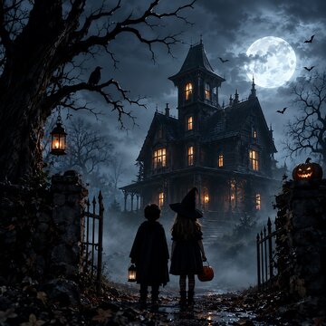 Children Trick or Treating in Spooky Halloween Night Illustration