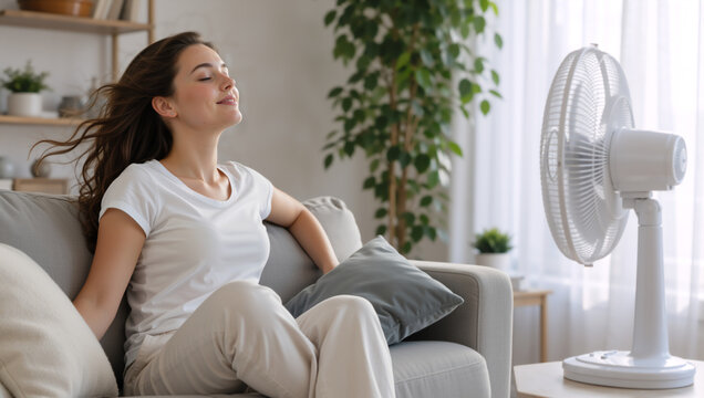 Young woman enjoying cool breeze from an electric pedestal fan at home. Happy female sitting on a sofa with hair blowing in the wind. Indoor cooling concept