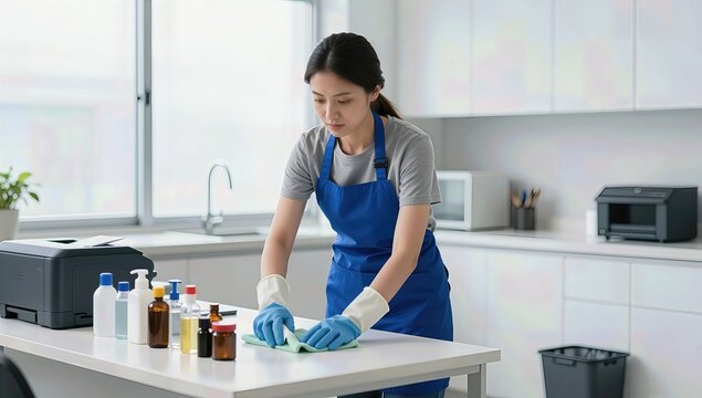 Young Asian Woman Cleaning a White Kitchen Countertop with a Blue Microfiber Cloth and Wearing Blue Rubber Gloves in a Bright Modern Domestic Setting