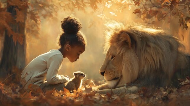 Young girl kneeling beside a lion and cub in a sunlit autumn forest
