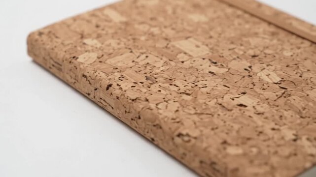 Cork notebook resting on a clean white desk surface