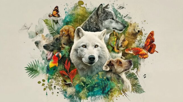 Wildlife Collage with Wolves, Dog, Parrot and Butterflies Amid Foliage