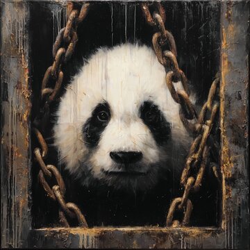 Giant Panda Portrait Behind Rusted Chains in a Dark Distressed Frame