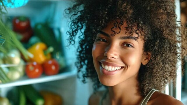 A happy curly-haired woman stands by an open refrigerator filled with vegetables and fruit. Concept for proper nutrition, 
nutritionology and diet