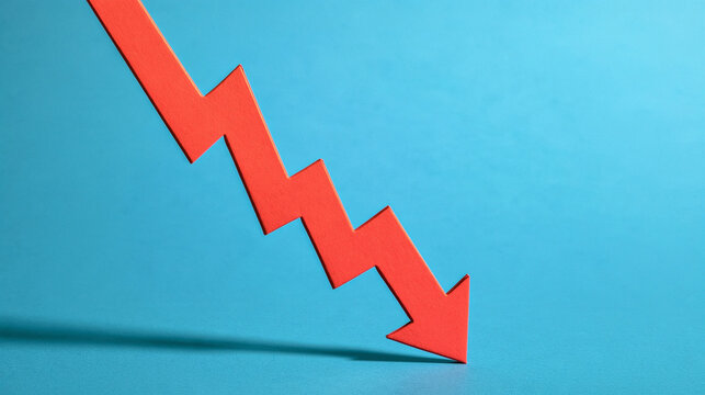 Red Downward Trend Arrow: A stark red arrow plunges downwards in a zigzag pattern, symbolizing a negative trend or financial decline against a clean blue background.