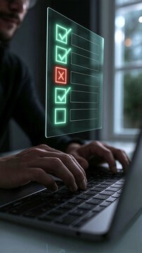 Online Survey and Data Input: A focused individual is typing on a laptop, interacting with a holographic checklist displaying completed tasks and one marked error.