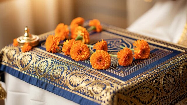 Hands Arranging Orange Marigold Flowers on Blue and Gold Embroidered Cloth