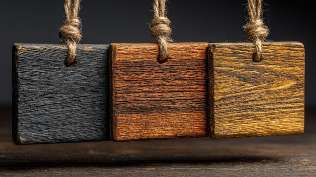Triple wooden directional signpost pointing to three different directions on dark black background, rustic wood texture, high definition, clear navigation concept, guidance and signage illustration.