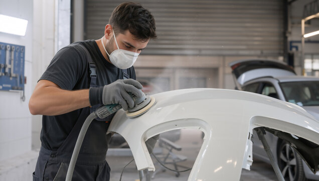 Technician sanding a white car bumper in an auto body shop. Professional worker using a rotary sander for vehicle surface preparation