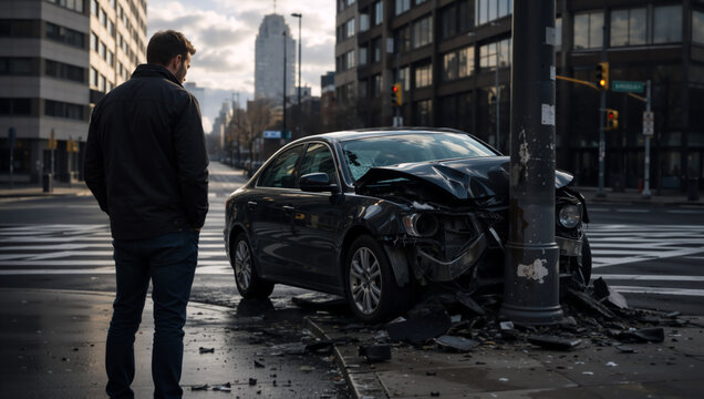 Man looking at a crashed car on a city street. Black sedan damaged after colliding with a utility pole. Auto accident and insurance claim concept