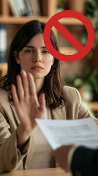 Refusal to Sign Document: A woman in business attire rejects a document presented to her, her hand raised in a clear gesture of refusal. A red prohibition sign hovers above her.