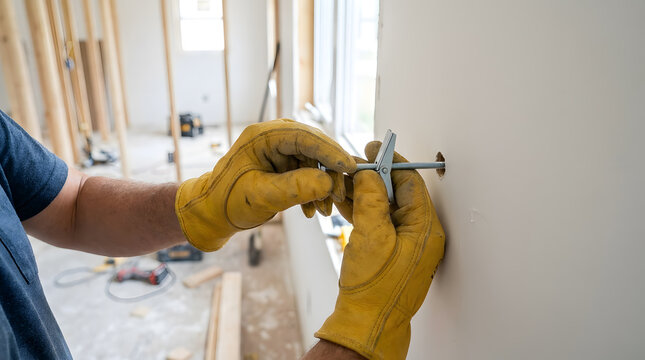 Installing Metal Toggle Bolt Drywall Anchor | Inserting Butterfly Anchor in Hollow Wall | Worker Mounting Heavy Duty Drywall Fastener