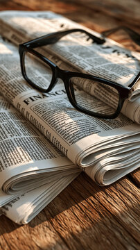 Newspaper and Eyeglasses: A close-up view of a folded newspaper, with the word FINANCE visible, lies on a rustic wooden surface, topped by a pair of black-rimmed eyeglasses.