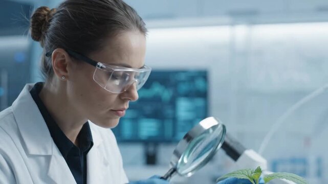 Female scientist examining plant leaf with magnifying glass in modern laboratory