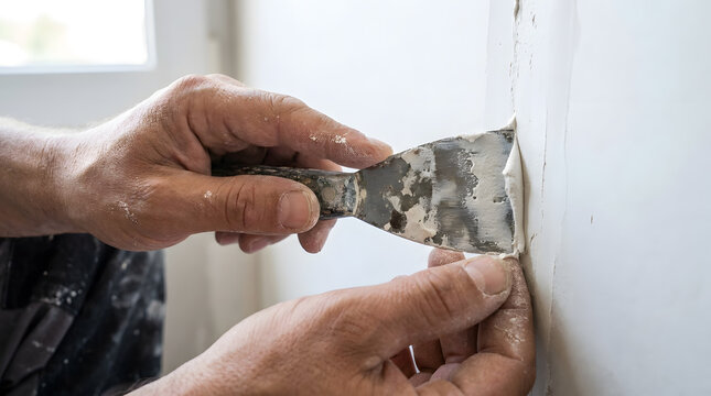 Spreading Spackle Paste with Putty Knife on Drywall | Filling Wall Cracks with Joint Compound and Scraper | Worker Repairing Drywall Seam with Putty Spatula