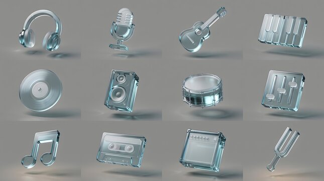 Collection of Glossy Glass Music Instrument Icons