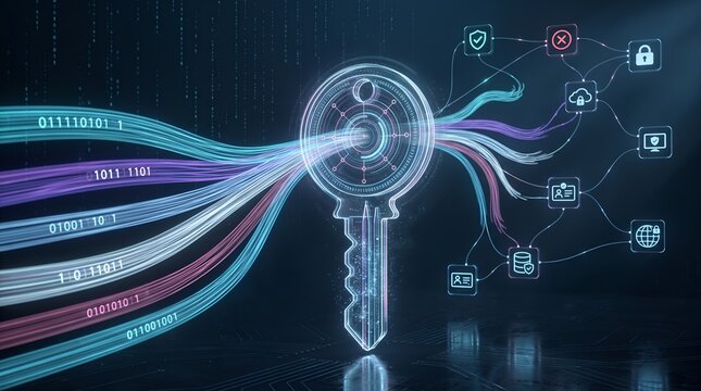 Data encryption key concept representing cybersecurity network security cloud computing infrastructure and access control