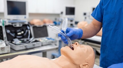 Obraz na płótnie Canvas Medical trainee in blue scrubs performing endotracheal intubation on simulation mannequin. Paramedic practicing emergency airway management technique in clinical lab. Banner, copy space.