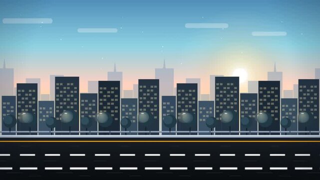 Modern cityscape vector illustration displays layered skyscrapers and office buildings situated along a flat road under a peaceful sunset sky.