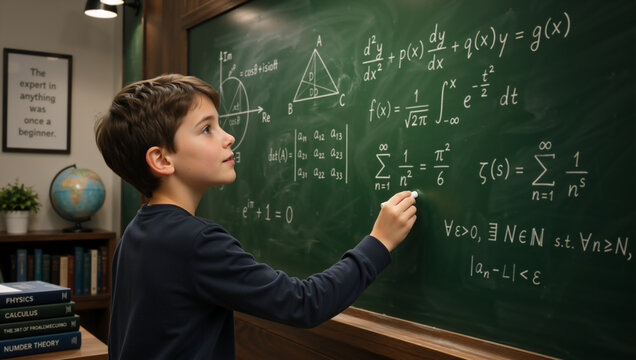 Young boy looking at complex mathematical equations on a green chalkboard. Child prodigy solving math problems in a classroom. Education and genius concept