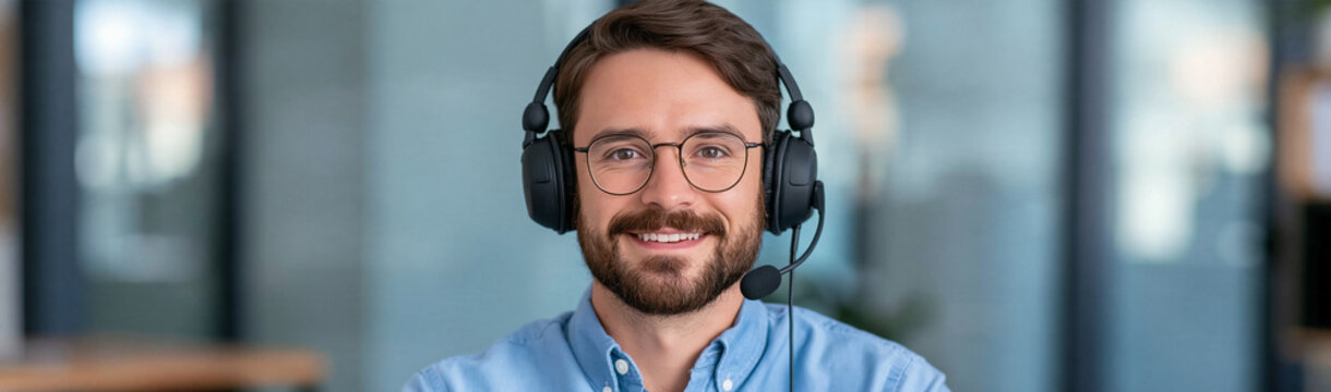Friendly Support Agent: A smiling customer support representative wearing a headset and glasses looks directly at the camera, exuding professionalism and helpfulness.
