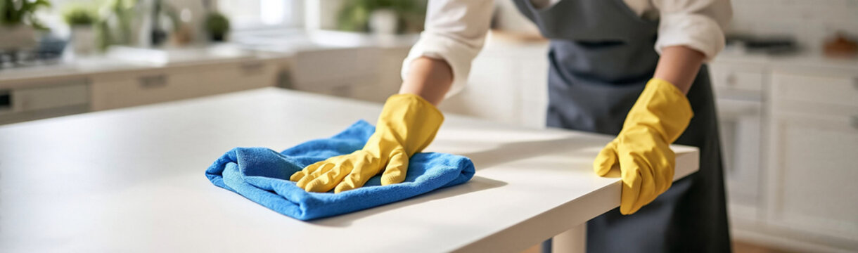 Sparkling Clean Surface: Hands in yellow gloves wiping a white table with a blue cloth, promoting cleanliness and hygiene in a bright kitchen setting.