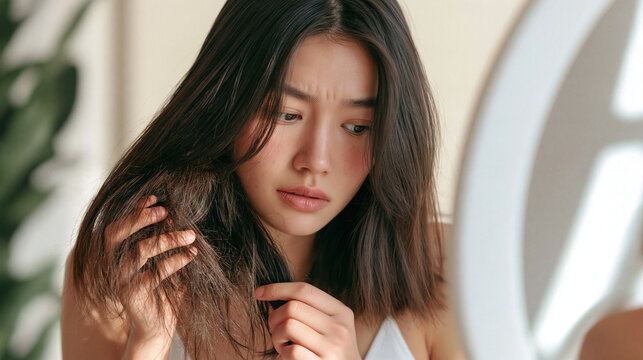 Concerned Woman Inspecting Damaged Hair: A young Asian woman gazes into a mirror, her expression filled with concern as she examines dry, damaged split ends in her long, dark hair.