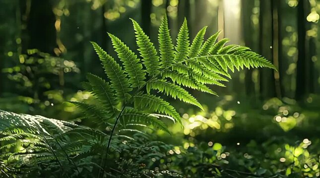Green fern leaf growing in a sunlit forest with soft bokeh background and natural light