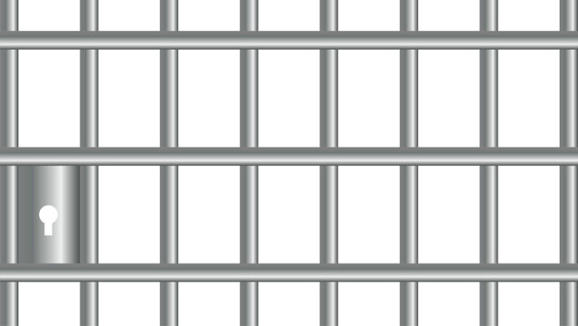 Steel prison cell bars vector background with metallic lock, jail cage grid pattern visual for justice, crime, and captivity concepts.
