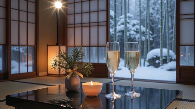 雪見障子の和モダンな部屋の黒い低机でキャンドルとクリスタルグラスに立ち上る黄金のシャンパンの泡