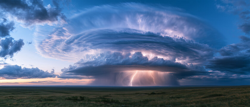 gigantic rotating supercell thunderstorm dominating an endless open landscape, enormous layered cloud structure extending across the entire horizon, powerful lightning illuminating the storm interior.