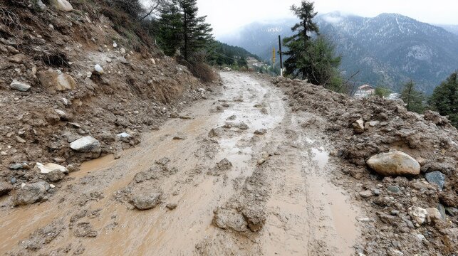 Mudslide flowing down a steep mountain road, carrying debris and causing obstructions after natural disaster
