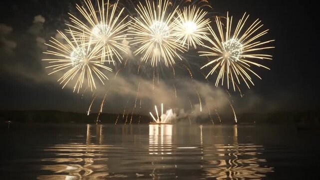 Golden firework exploding over dark water at night reflecting light