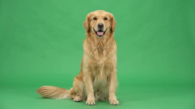 Golden retriever dog sitting on green screen background