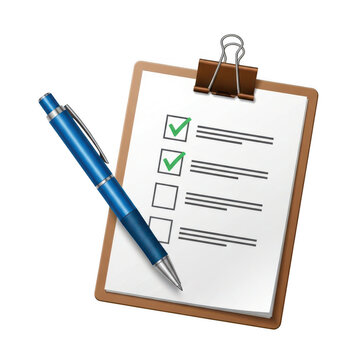 A clipboard with a checklist and a blue pen isolated on transparent background