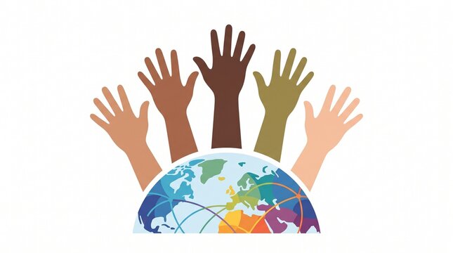Diverse hands raised around colorful globe