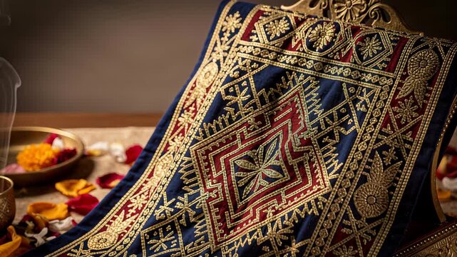Sacred Sikh Festival Setup With Ornate Blue Fabric And Incense Smoke