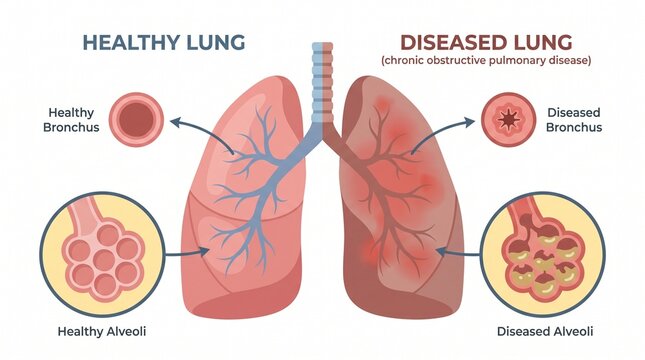 Healthy vs diseased lungs with bronchus and alveoli comparison