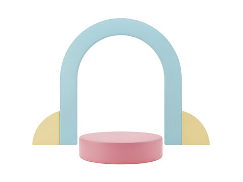 A pink cylinder and blue arch on yellow semicircles isolated on transparent background