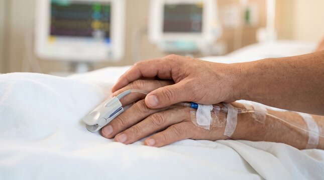 Close up of loved one holding sick patient hand with fingertip pulse oximeter sensor clip in hospital bed. Family member providing compassionate emotional care. Generous copy space for design.