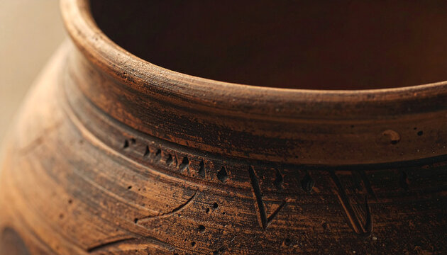 Ancient Pottery Detail: A close-up view of an ancient clay pot reveals intricate etched markings and textured surface, hinting at historical craftsmanship and cultural heritage.
