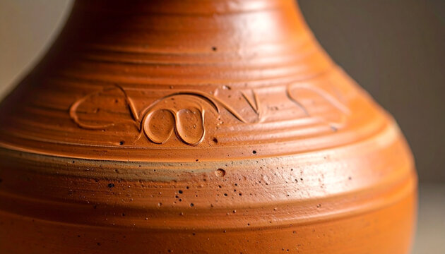 Antique Ceramic Jug Detail: A close-up shot reveals the rustic texture and intricate details of an antique ceramic jug, showcasing a carved inscription that hints at its history and origin.